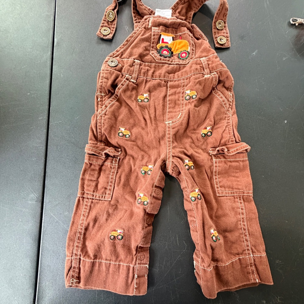 VTG Creations Tractor Embroidered Overalls Baby 12M Brown Corduroy Cargo Indie